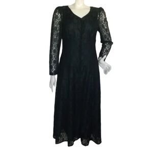 DANA SCOTT Lace Midi Dress, S, Forest Green, Button front, Slip under, Vintage